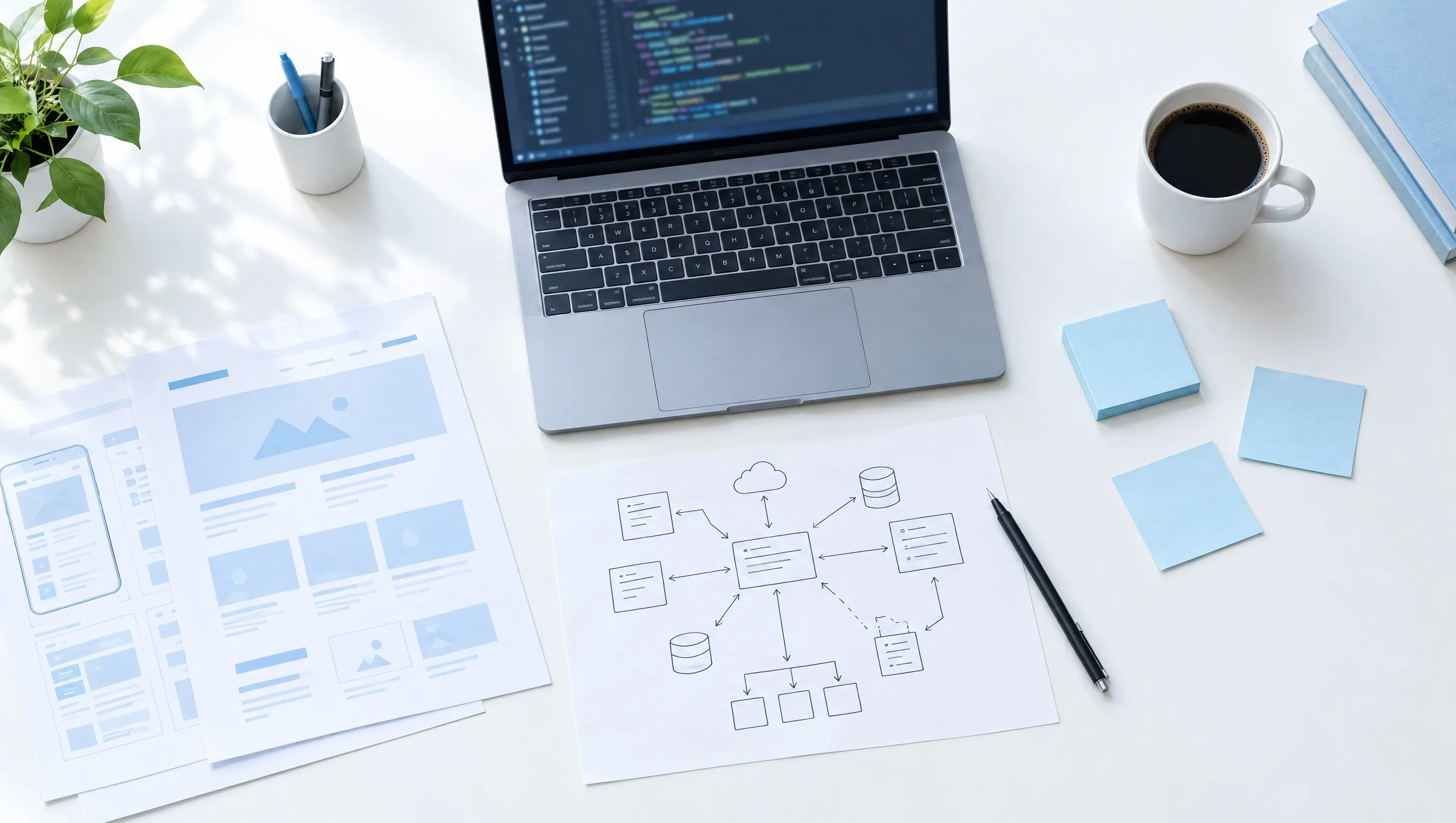 A desk with a laptop, website wireframes and a hand-drawn system diagram.