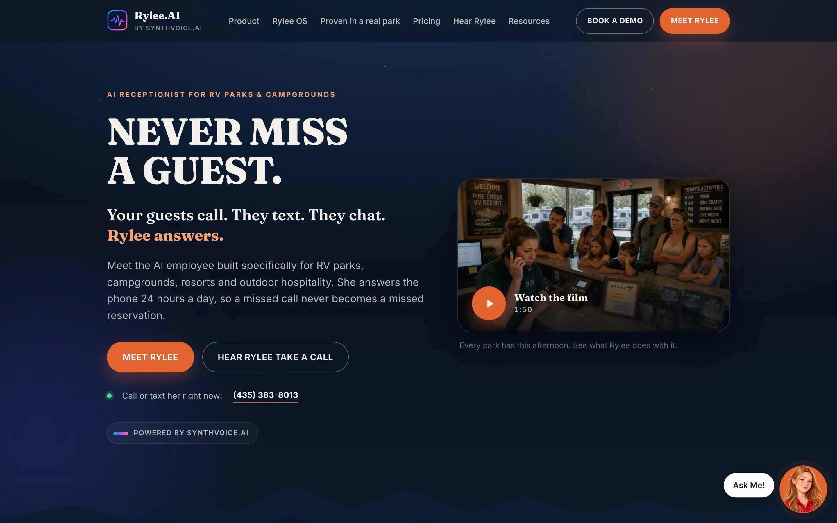 Rylee AI homepage with the headline "Never miss a guest," buttons to meet Rylee or hear Rylee take a call, and a video preview.