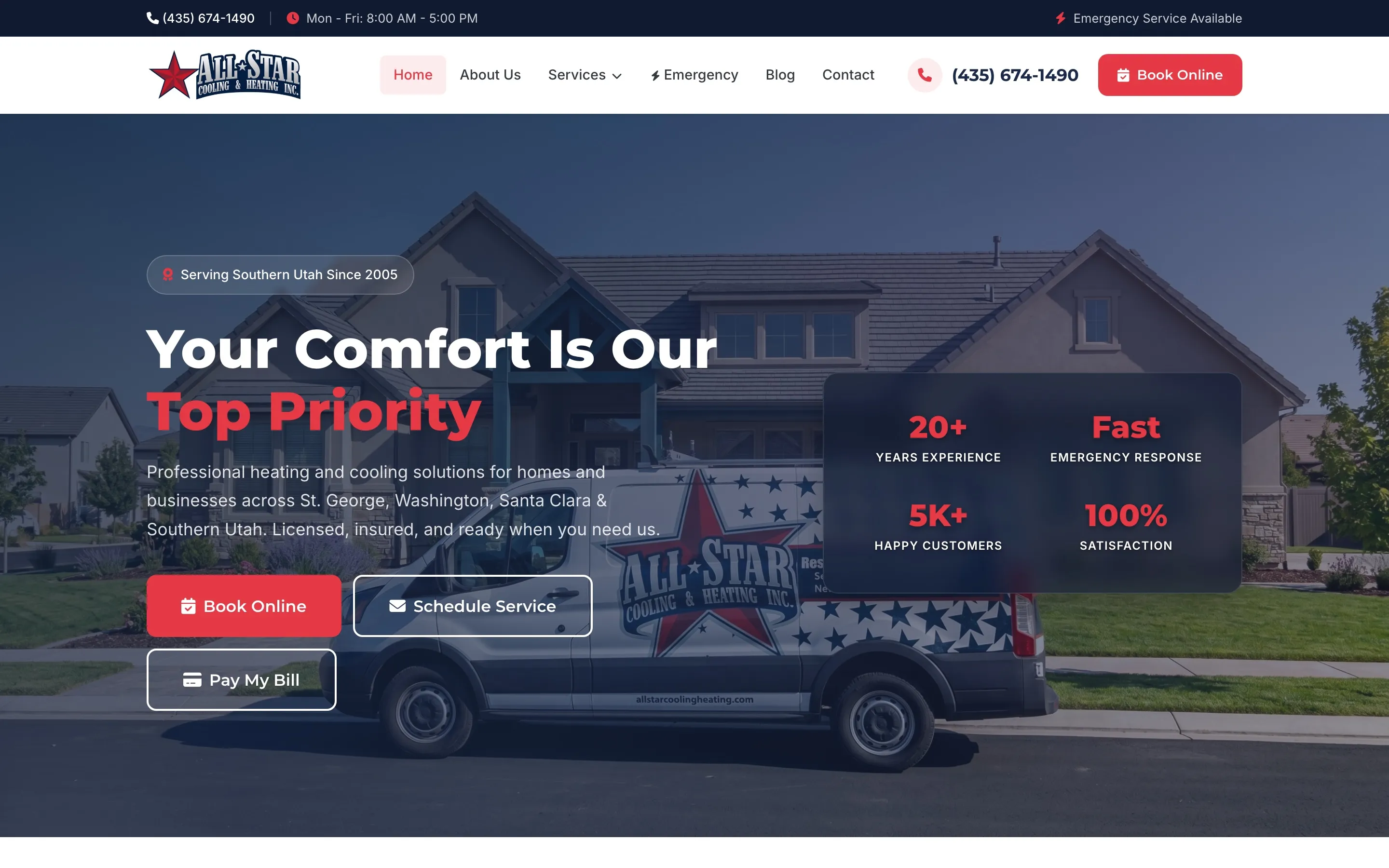 All Star Cooling & Heating homepage with the headline "Your Comfort Is Our Top Priority" and buttons to book online, schedule service and pay a bill.