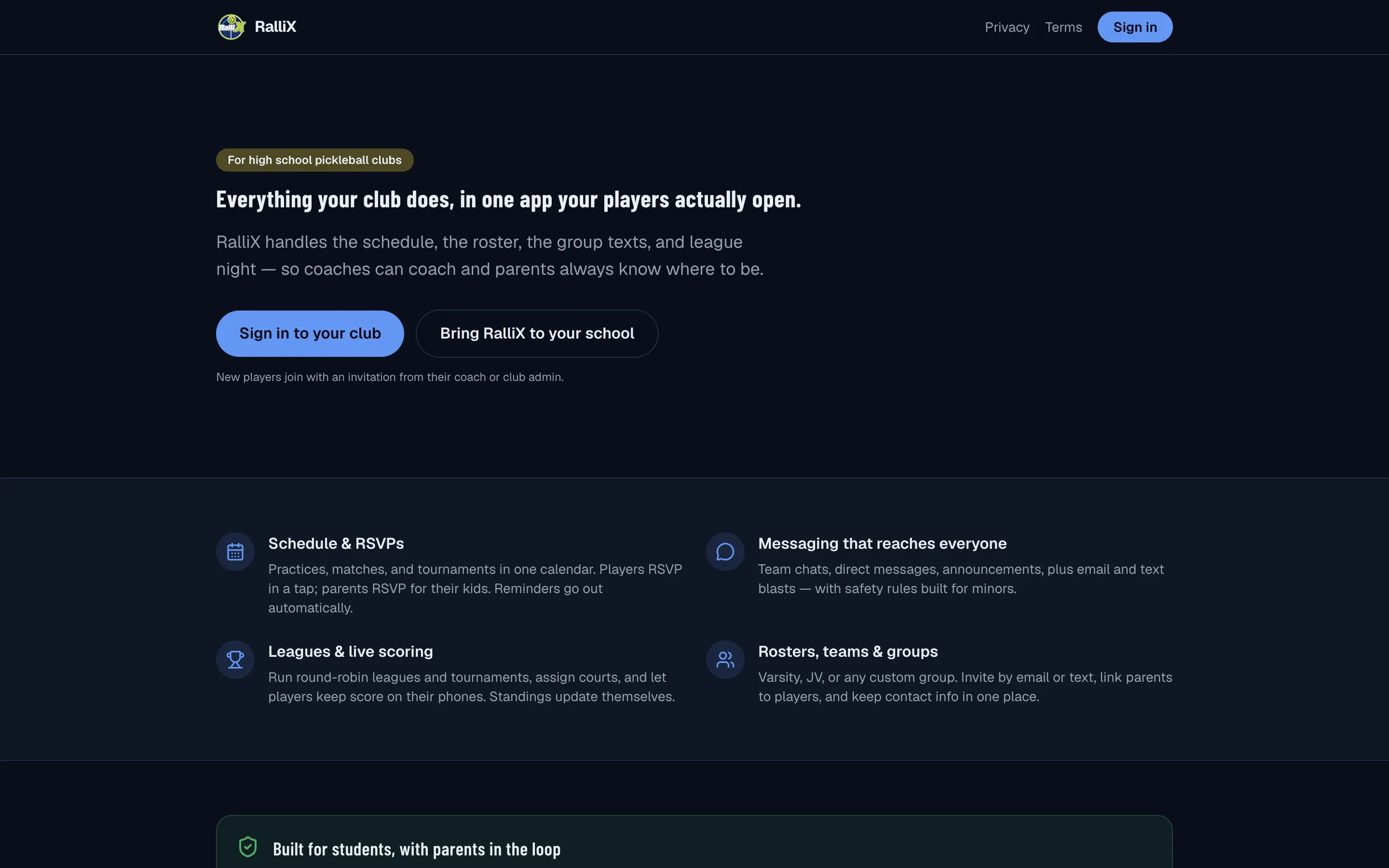 RalliX homepage with the headline "Everything your club does, in one app your players actually open" and buttons to sign in or bring RalliX to a school.