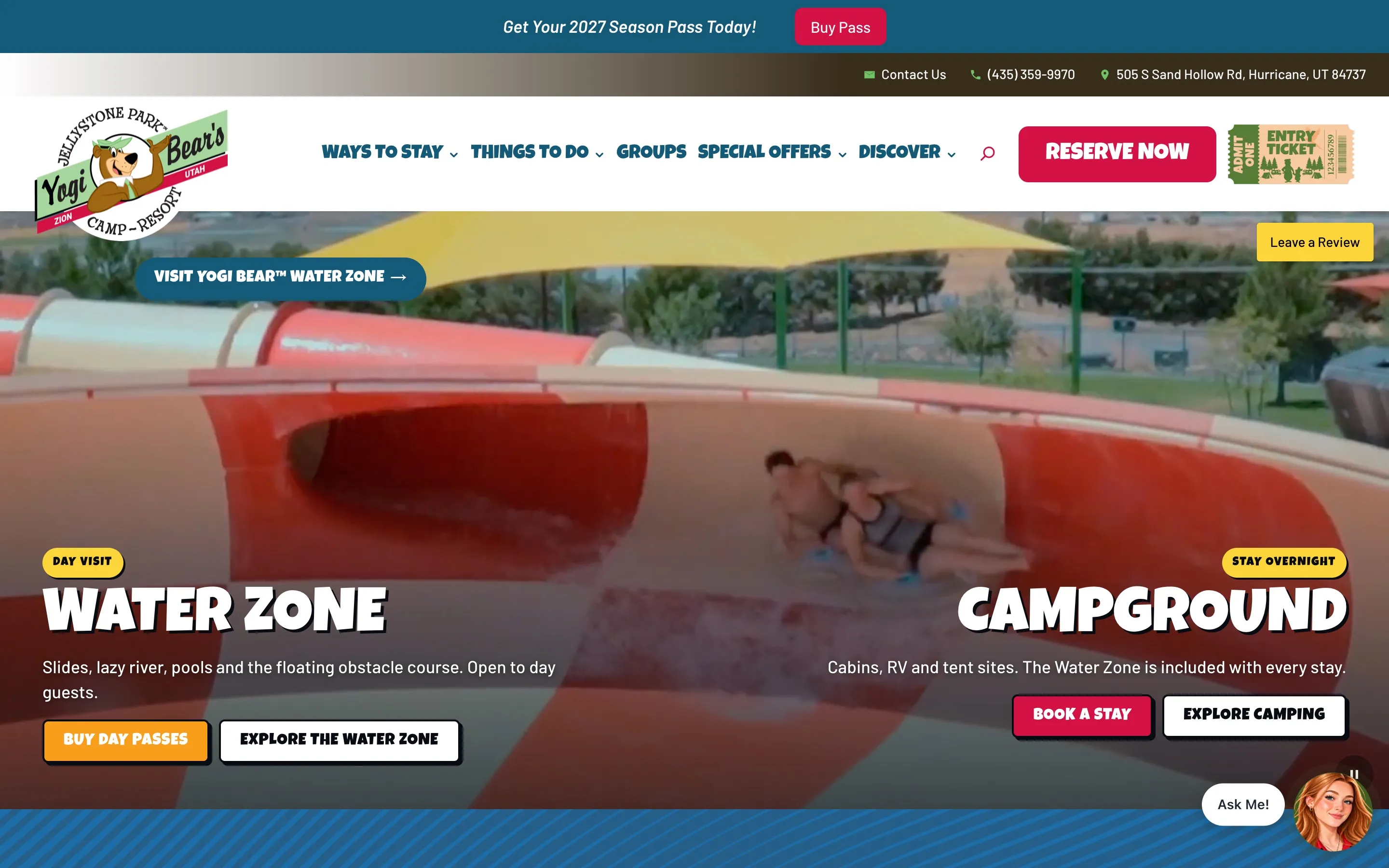 The new Jellystone Park Zion homepage with Water Zone and Campground panels and Reserve Now buttons.