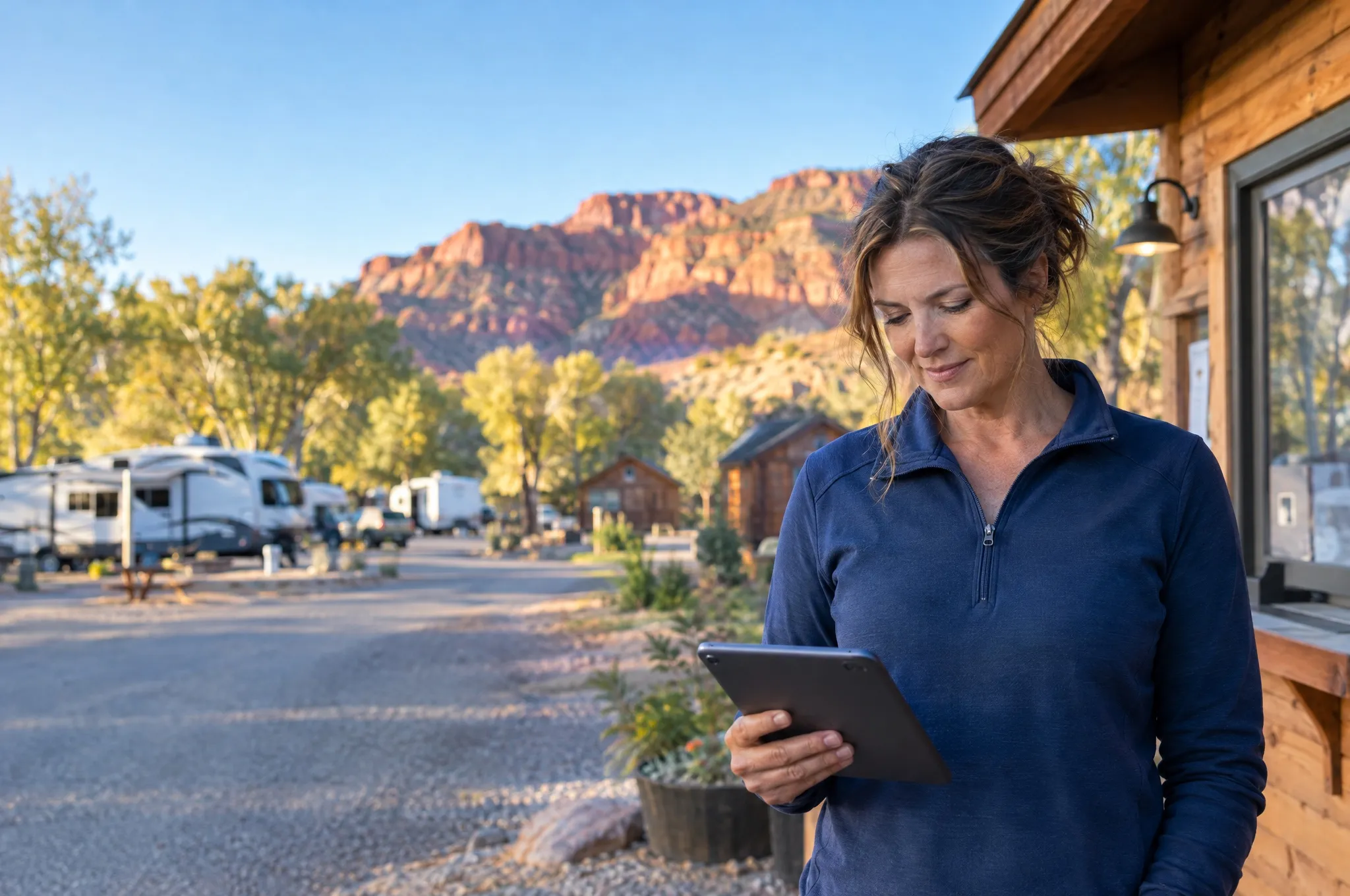 An RV park owner checks a tablet outside the check-in cabin, with RVs and red-rock cliffs behind her.