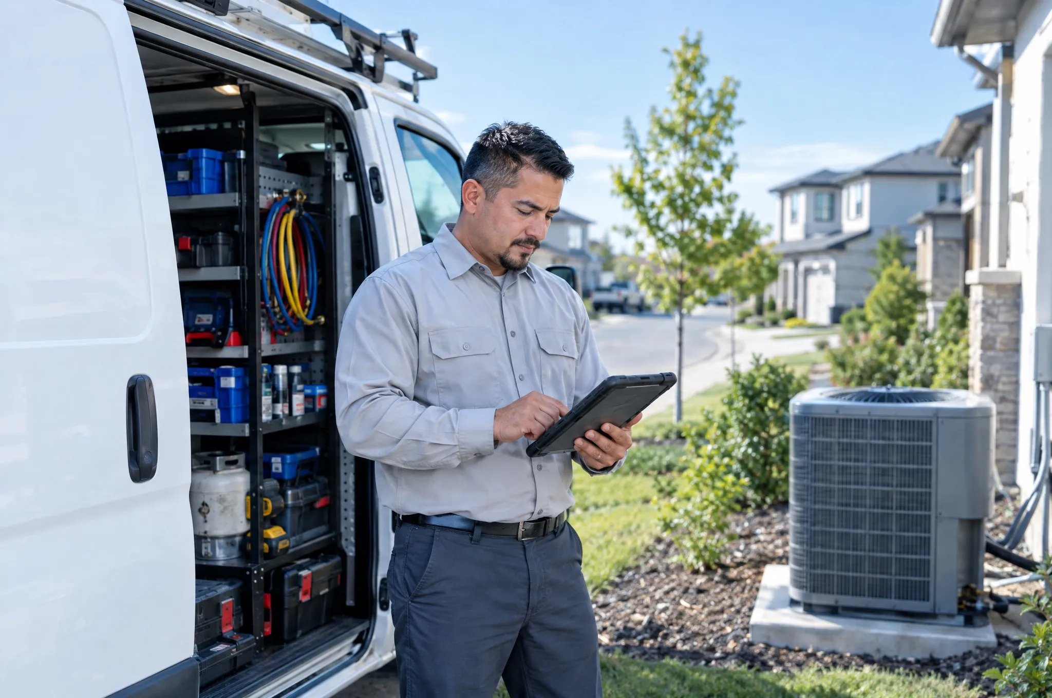 An HVAC business owner reviews the day's schedule on a tablet beside his service van and a home's outdoor AC unit.