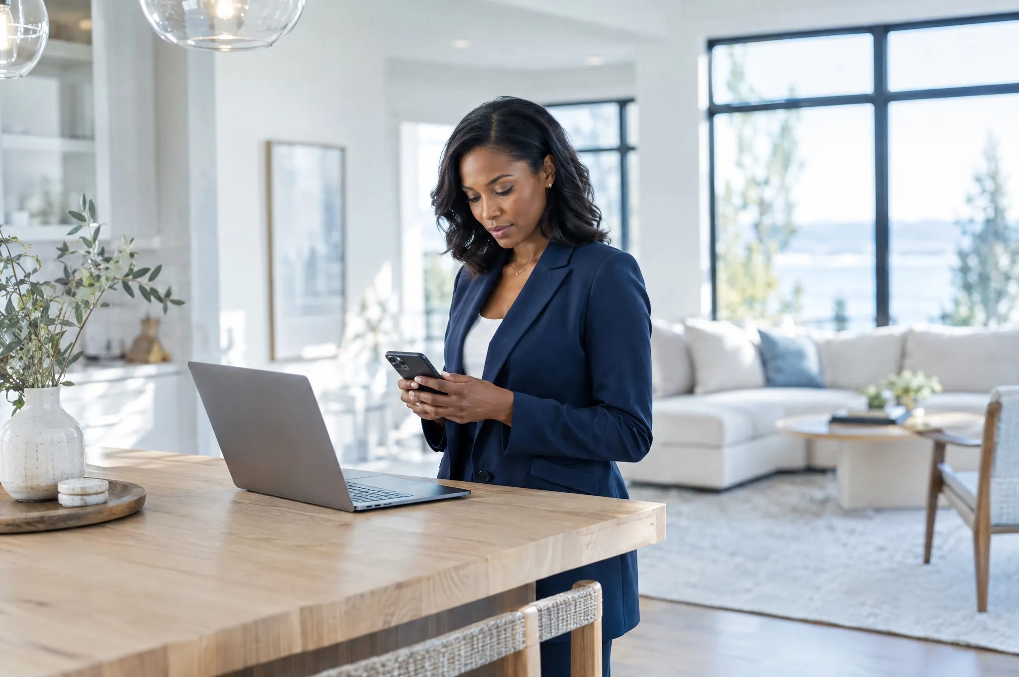 A real estate agent reviews listing details on her phone at the kitchen island of a bright, staged home.