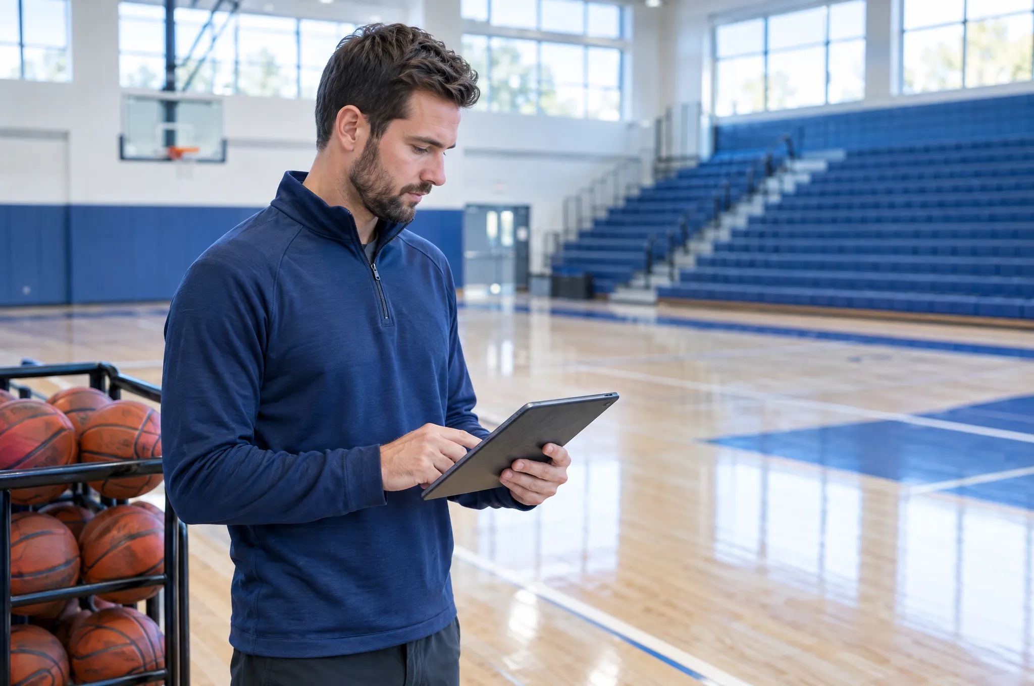 A youth sports program director checks the schedule on a tablet courtside in an empty gym.