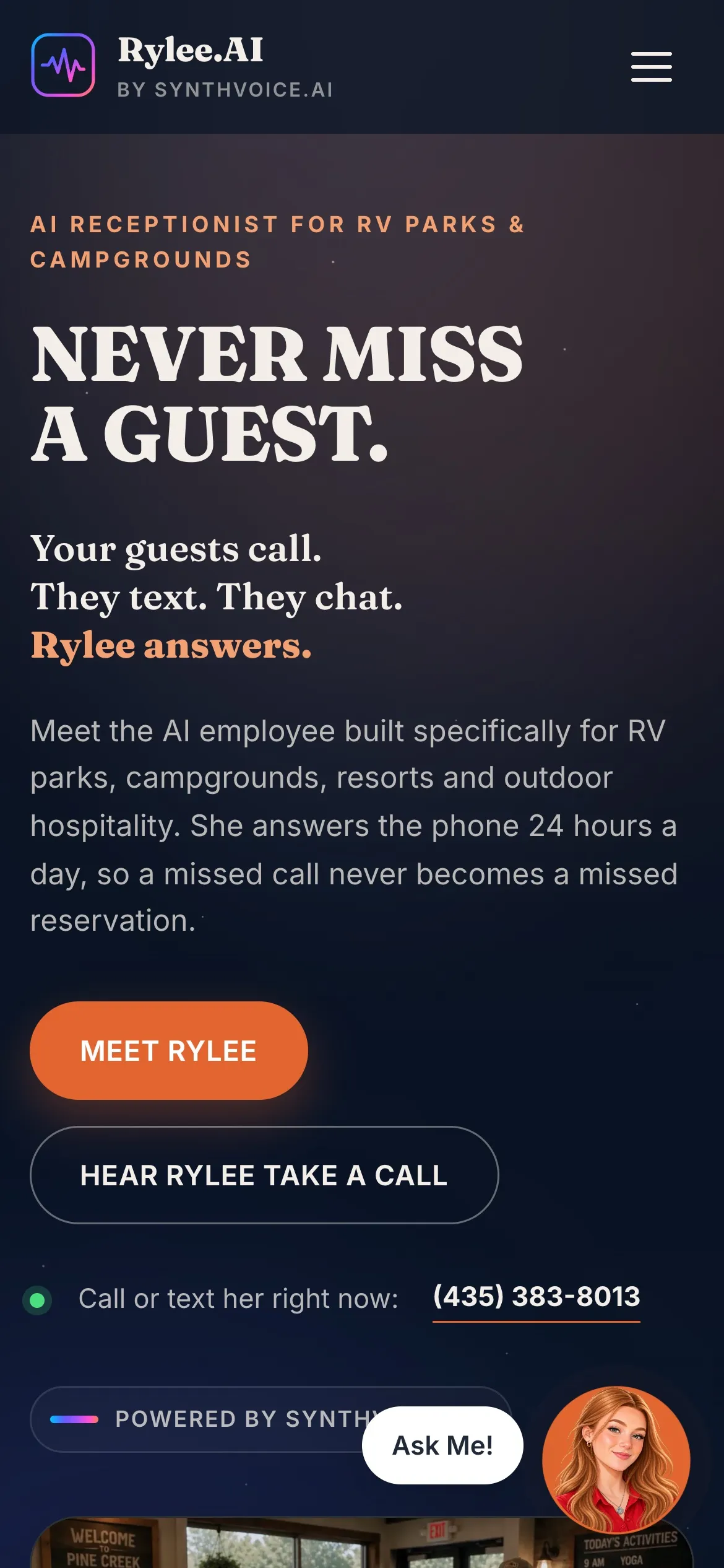 Rylee AI homepage on a phone with the "Never miss a guest" headline and a Meet Rylee button.