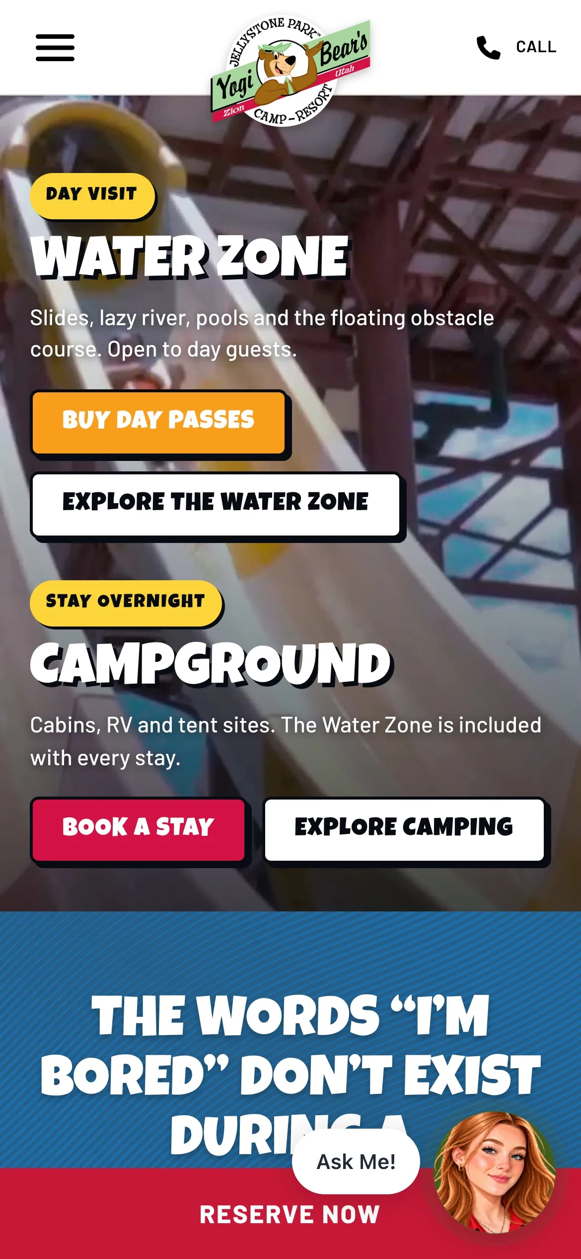 The new Jellystone Park Zion homepage on a phone with Water Zone and Campground sections.