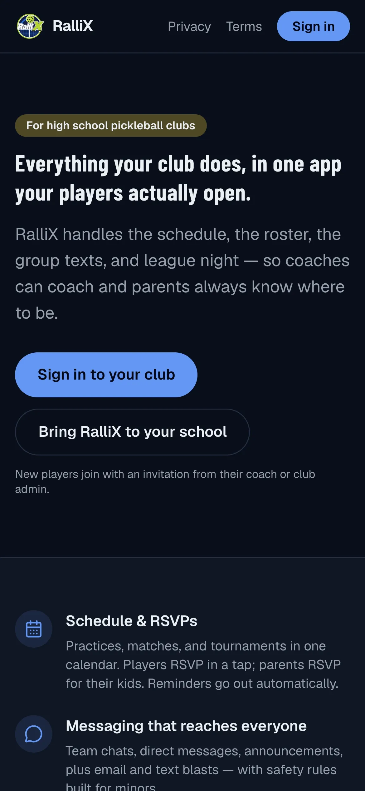 RalliX homepage on a phone with a Sign in to your club button and feature list.