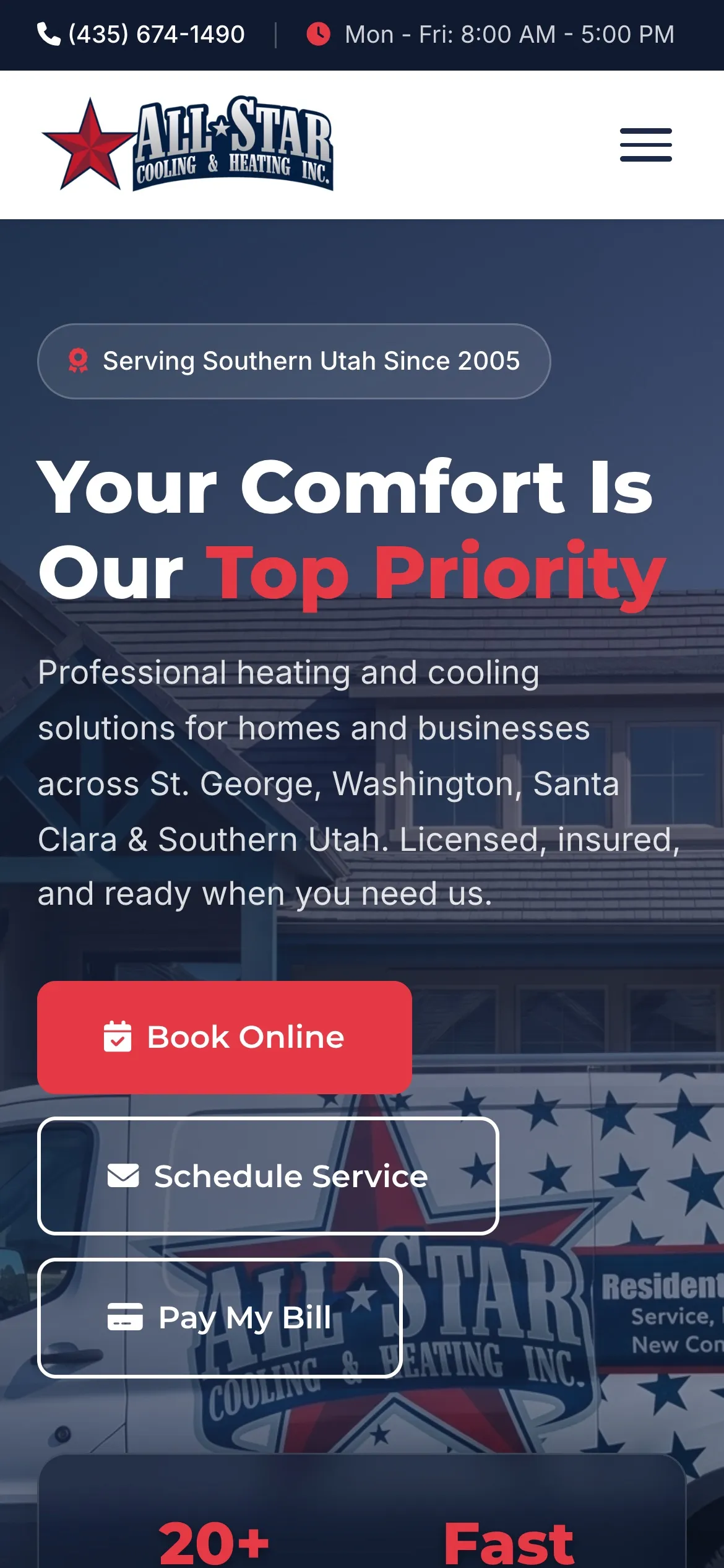 All Star Cooling & Heating homepage on a phone, showing the headline and stacked Book Online, Schedule Service and Pay My Bill buttons.