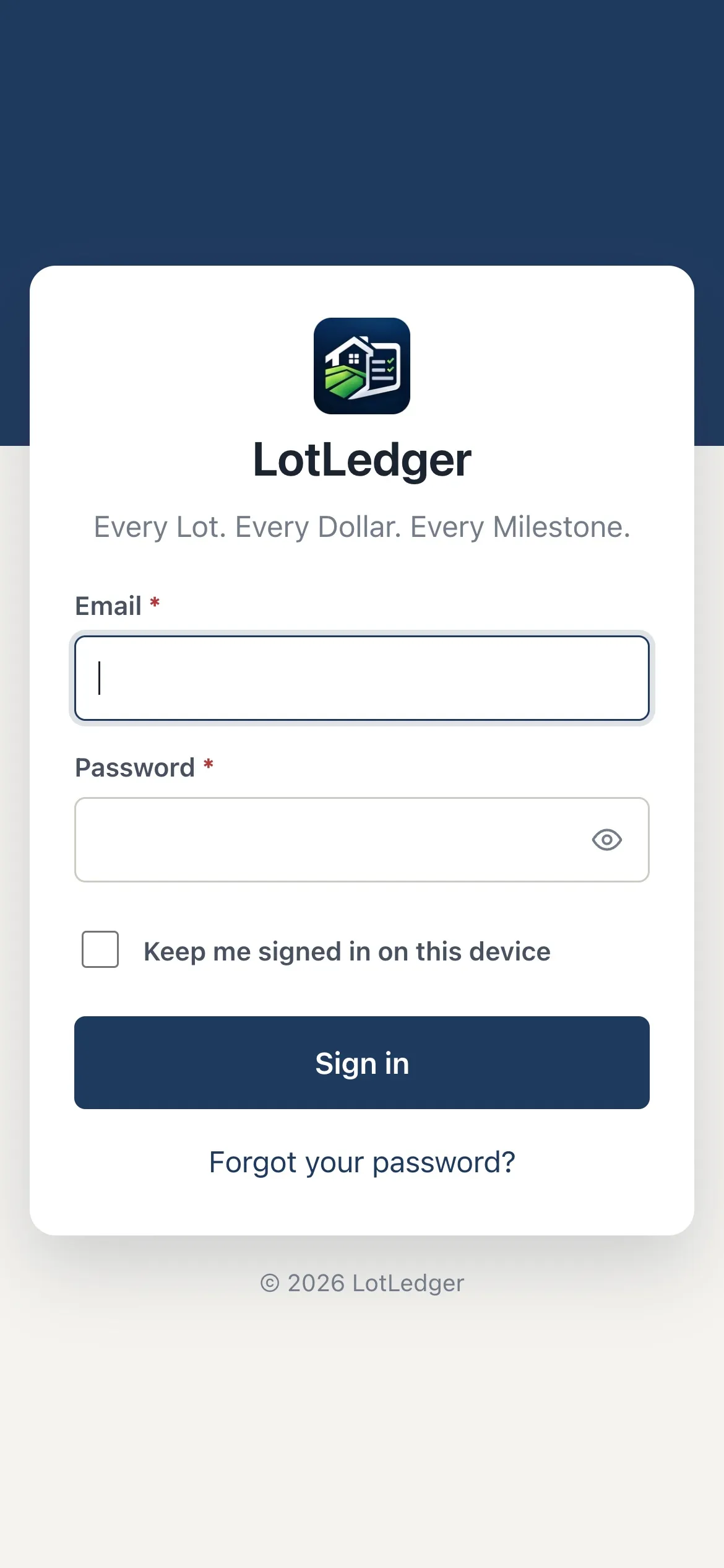 The LotLedger sign-in screen on a phone.