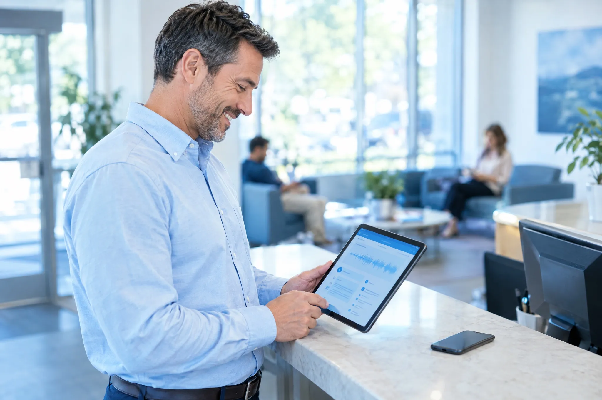 A front-office manager reviews an AI call summary on a tablet at the reception counter.