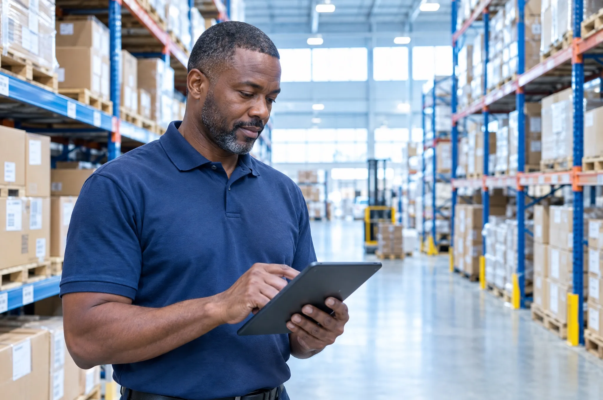 A warehouse manager checks inventory on a tablet in an organized distribution center aisle.